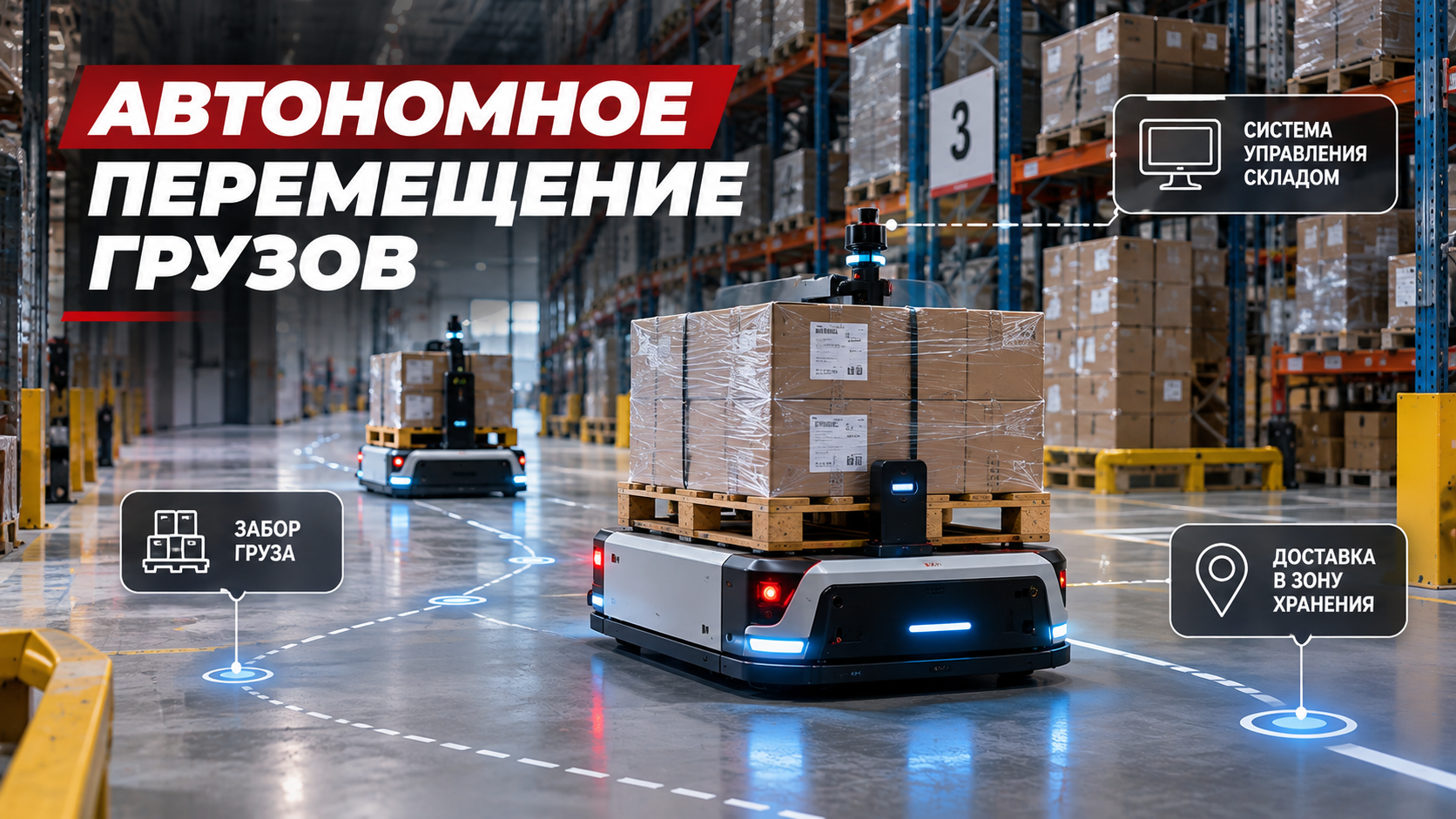 Автономные складские роботы AMR перемещают паллеты между стеллажами
